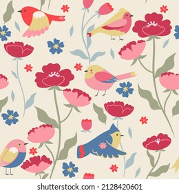 Seamless pattern with birds and flowers. Vector graphics.