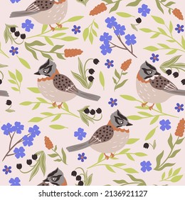 Seamless pattern with birds and flowers. Vector graphics.