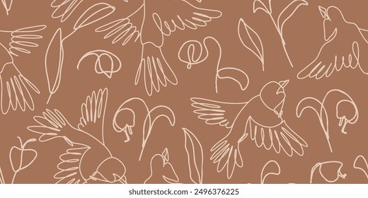 Seamless pattern of  birds and flowers. Vector Modern line illustrations.
