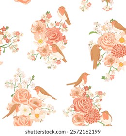 seamless pattern with birds and flowers, vector drawing flowering arrangement at white background, floral composition, hand drawn illustration