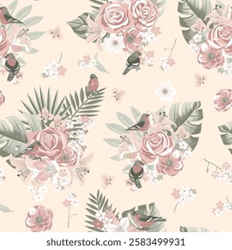 seamless pattern with birds and flowers, vector drawing flowering arrangement at pink background, floral composition, hand drawn illustration