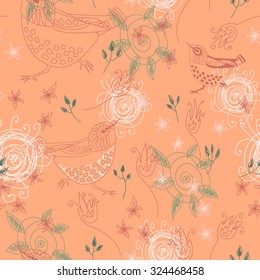 Seamless pattern with birds and flowers. Vector illustration