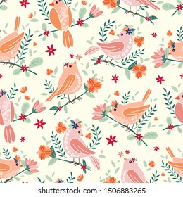 Seamless pattern with birds and flowers. White background. Vector illustration