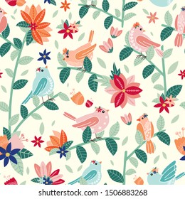 Seamless pattern with birds and flowers. White background. Vector illustration