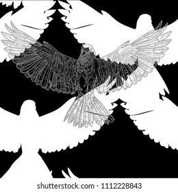 Seamless pattern with birds. The birds are flying. Doodling pattern. Drawing by hand. Stylish background. Indian style.