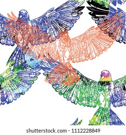 Seamless pattern with birds. The birds are flying. Doodling pattern. Drawing by hand. Stylish background. Indian style.