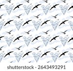 Seamless pattern with birds flying in the sky with clouds over sea waves. Nature sea view ornamental line drawn background