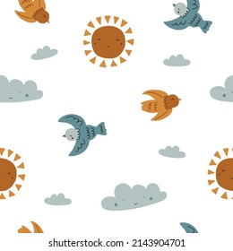 Seamless pattern of birds flying in the sky among the clouds. Vector illustration isolated on white background