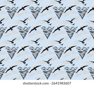 Seamless pattern with birds flying in the sky with clouds over sea waves. Nature sea view ornamental line drawn background