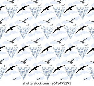 Seamless pattern with birds flying in the sky with clouds over sea waves. Nature sea view ornamental line drawn background