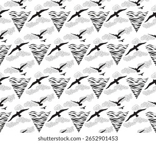 Seamless pattern with birds flying in the sky with clouds over sea waves. Nature sea view ornamental line drawn background