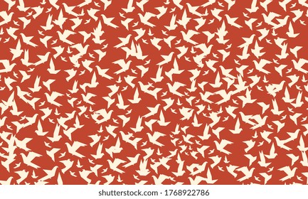 Seamless pattern with birds and foliage, nice orange texture with birds  on orange background