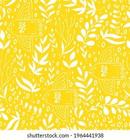 seamless pattern of birds in the forest from branches of herbs 