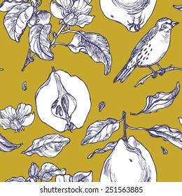 Seamless pattern with birds in a garden on yellow background in vector