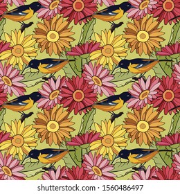 seamless pattern with birds in gerbera flowers