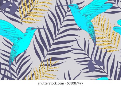 Seamless pattern with birds and golden palm leaves in vector