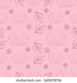 Seamless pattern birds, hand drawing illustration. Pink background.