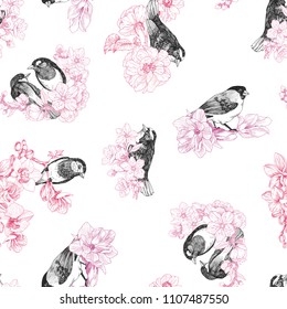 Patrón de pájaros sin mar dibujado a mano en un estilo vintage con flores. Pájaro de primavera sentado en ramas de flores. Arte lineal grabado. Concepto de pájaro. Concepto romántico. Diseño de vectores
