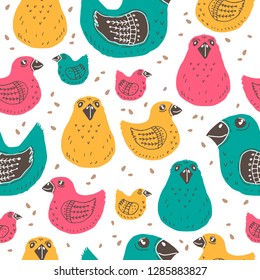 Seamless pattern with birds. Hand drawn style. Design element for wrapping paper, wallpaper and fabric.