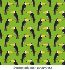Seamless pattern, birds, hand drawn overlapping backdrop. Colorful background vector. Cute illustration, toucans. Decorative wallpaper, good for printing