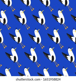 Seamless pattern, birds, hand drawn overlapping backdrop. Colorful background vector. Cute illustration, seagulls. Decorative wallpaper, good for printing