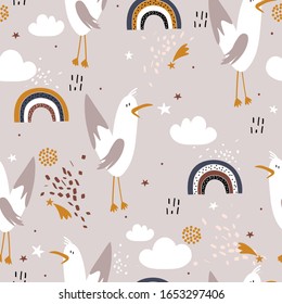 Seamless pattern, birds, hand drawn overlapping backdrop. Colorful background vector. Cute illustration, seagulls. Decorative wallpaper, good for printing