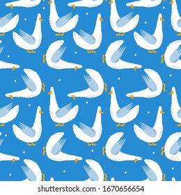 Seamless pattern, birds, hand drawn overlapping backdrop. Colorful background vector. Cute illustration, geese. Decorative wallpaper, good for printing