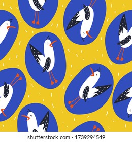 Seamless pattern, birds, hand drawn overlapping backdrop. Colorful background vector. Cute illustration, seagulls. Decorative wallpaper, good for printing