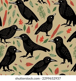 Seamless pattern with birds. Hand drawn vector illustration. Flat color design.