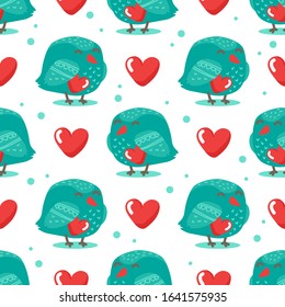 Seamless pattern with birds and heart. Romantic vector illustration for Valentines Day. Flat design element for wallpaper, fabric, wrapping paper, banner.