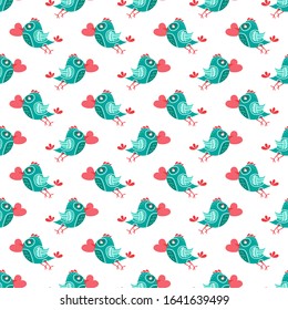 Seamless pattern with birds and heart. Romantic vector illustration for Valentines Day. Flat design element for wallpaper, fabric, wrapping paper, banner.