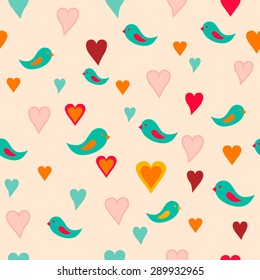 Seamless pattern with birds and hearts