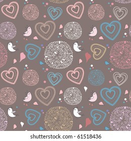Seamless pattern with birds and hearts