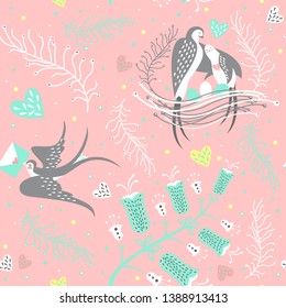 Seamless pattern with birds, hearts and flowers. Swallow family and eggs in the nest and floral elements. Cute Birthday background, spring decor elements in vector.  