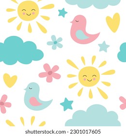 Seamless pattern with birds, hearts and flowers. Vector illustration