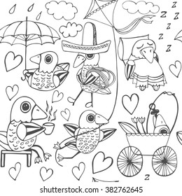 Seamless pattern with birds and hearts. Hand drawn background, vector sketch illustration. Doodle set of cartoon cute ducks. 