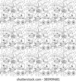Seamless pattern with birds and hearts. Hand drawn background, vector sketch illustration. Doodle set of cartoon cute ducks. 