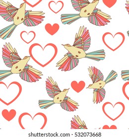 Seamless pattern with birds and hearts on the white background. Romantic Valentine's wallpaper