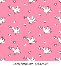 Seamless pattern with birds and hearts on the pink background for your design. Vector illustration.