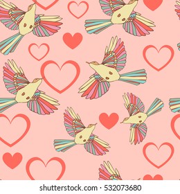 Seamless pattern with birds and hearts. Romantic Valentine's background