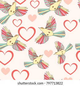 Seamless pattern with birds and hearts. Romantic Valentine's wallpaper