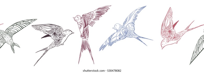 Seamless pattern with birds, horizontal