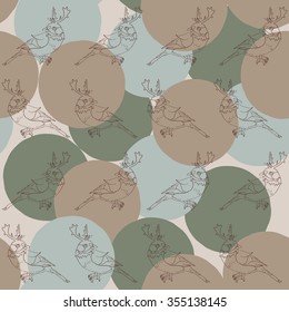 Seamless pattern. Birds with horns. Bubble background