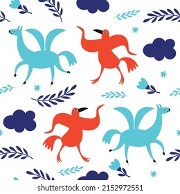 Seamless pattern with birds and horse. Fabric pattern