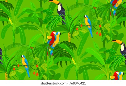 Seamless pattern with birds in the  jungle. Toucan bird and macaw parrots sitting on palm branch. - Shutterstock ID 768840421