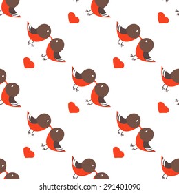 Seamless pattern: birds kissing, hearts. In love.