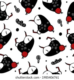 seamless pattern with  birds. Kiwi bird. Black and red pattern. Vector illustration, decor of children's clothing. Hand drawing