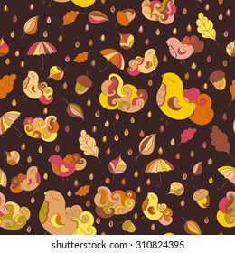 Seamless pattern with birds, leafs, clouds, rain drops, umbrella, acorns. Vector autumn theme background.  Endless pattern for wallpaper, pattern fills, web page, background, textile.