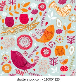 Seamless pattern with birds and leaves