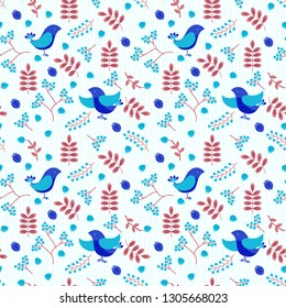 Seamless pattern with birds, leaves, berries and flowers. Bright hand drawn vector background.